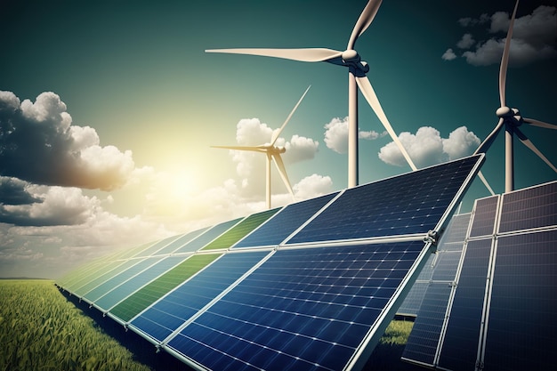 Photo renewable energy background with green energy as wind turbines and solar panels green energy concept energy sources sustainable ecology elements generative ai