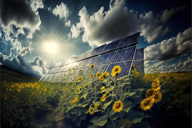 Photo renewable energy background with photovoltaic energy big solar panels in sunflowers field