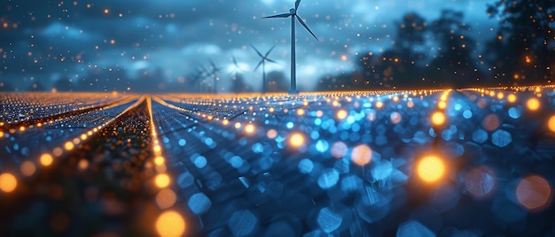 Foto concetto di energia rinnovabile fonte alternativa di energia in stile low poly struttura di connessione leggera a telaio filo grafica 3d moderna