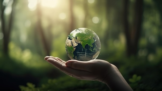 Renewable energy concept Earth Day or environment protection Hands protect forests Generative Ai