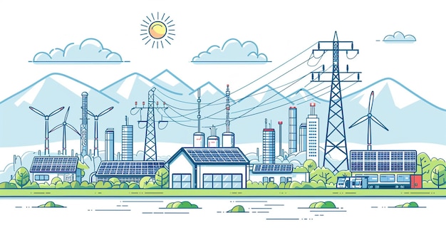 Renewable energy concept Eco friendly house with solar panels and wind turbines illustration