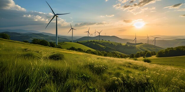 太陽の落ちる時の風力タービンの再生可能エネルギーコンセプト エコロジカルな発電 持続可能な開発 緑の丘の風景 AI