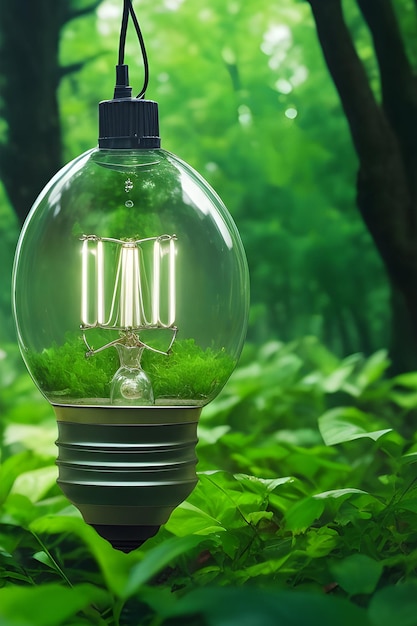 Гармония возобновляемой энергии Деревья и лампочки объединяются для более зеленого завтрашнего дня