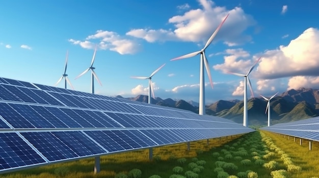 사진 신재생 에너지 산업은 태양 패널과 풍력 터빈을 사용하여 자연 풍경에서 환경 친화적인 전력을 생산합니다.