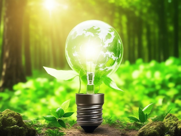 Лампочка из возобновляемых источников энергии с зеленой энергией День Земли или окружающая среда защищают леса