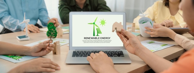 renewable energy logo displayed on laptop eco conservative concept delineation