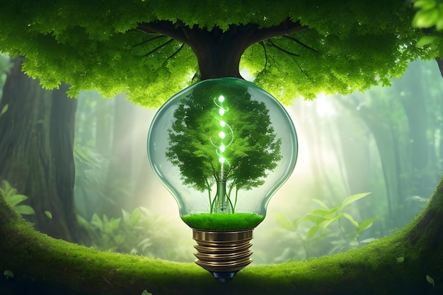 Возобновляемая энергия встречается с объятиями природы в гармоничном союзе Зеленые деревья и энергосберегающие лампочки