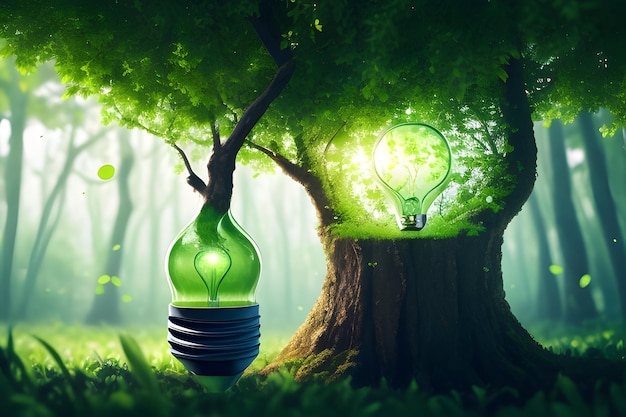 Возобновляемая энергия встречается с объятиями природы в гармоничном союзе Зеленые деревья и энергосберегающие лампочки