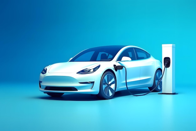 Renewable energy modern electric car connected to power station charger isolated on background 3d generative ai