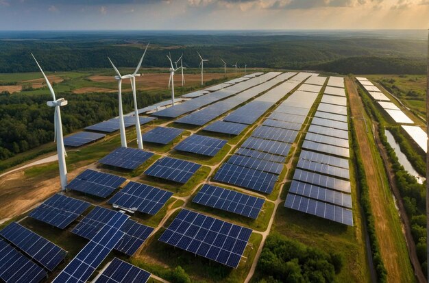 Renewable energy park with wind turbines and solar panels