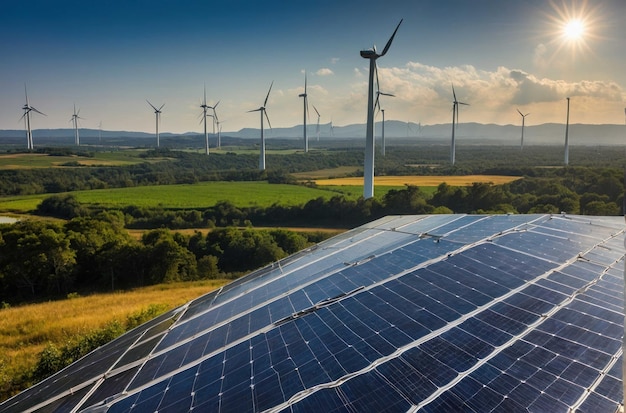 Renewable energy park with wind turbines and solar panels