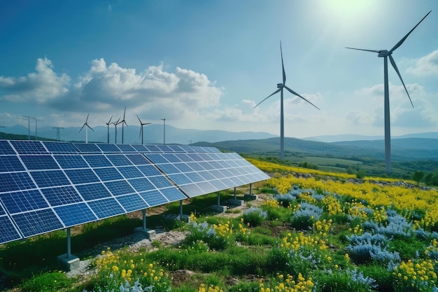 Renewable energy plant on landfill solar panels and wind turbines