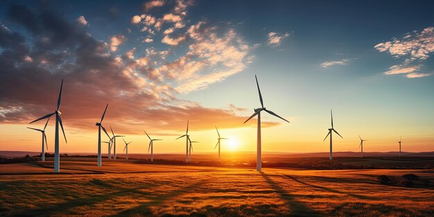 Photo renewable energy revolution wind farms at sunset golden blades evening's clean power climate c