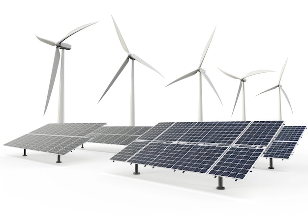Renewable Energy Setup with Solar Panels and Wind Turbines