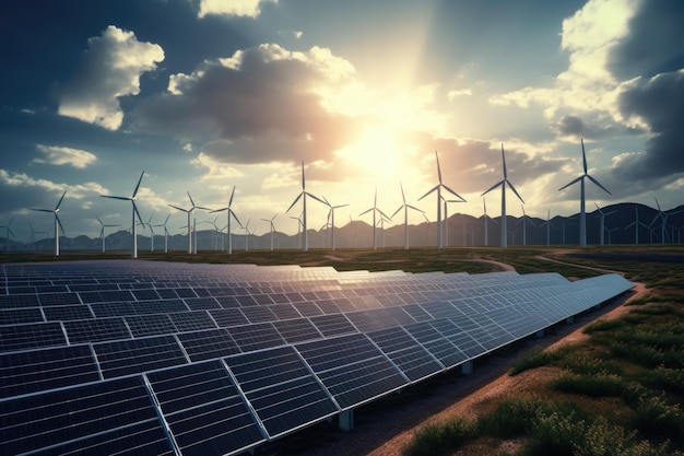 Renewable Energy Solar Panels and Wind Turbines on Landfill