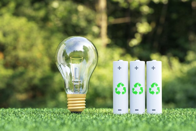 Photo renewable energy sources the concept of environmentally friendly energy source light bulb with batteries on the grass 3d render