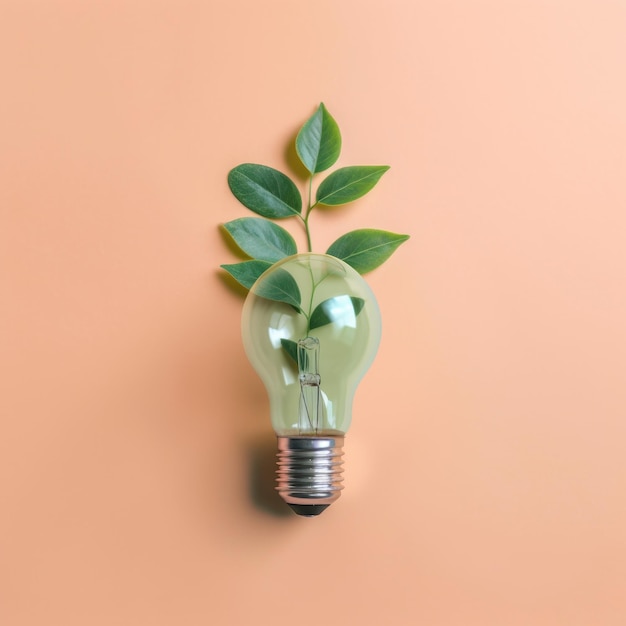 Renewable Energy and Sustainable Living concept depicted by a top view of an Ecofriendly lightbulb made of fresh leaves against a pastel colored backdrop Generative AI