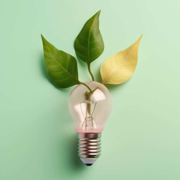 Renewable Energy and Sustainable Living concept depicted by a top view of an Ecofriendly lightbulb made of fresh leaves against a pastel colored backdrop Generative AI