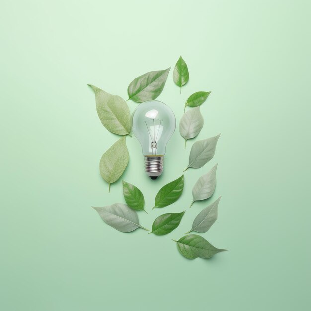 Renewable Energy and Sustainable Living concept depicted by a top view of an Ecofriendly lightbulb made of fresh leaves against a pastel colored backdrop Generative AI