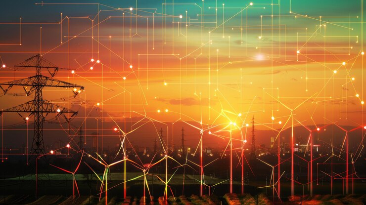 Photo renewable energy synergy abstract graph with silhouettes demonstrating multi source collaboration