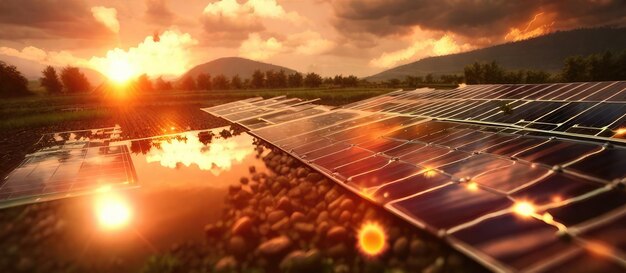 Photo renewable energy triumph solar panels harnessing the beauty of a stunning sunset