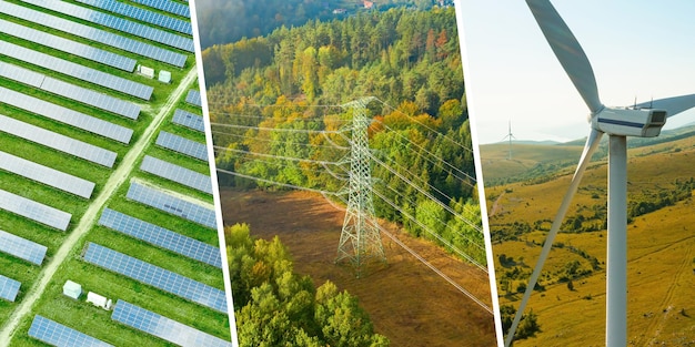 Collage di energia verde rinnovabile con mulino a vento a pannelli solari e pilone