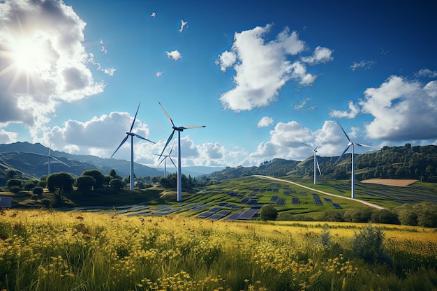 Foto concetto di energia rinnovabile e verde con pannelli solari e turbine eoliche