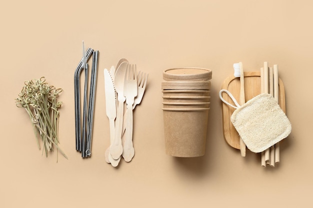 Renewable individual objects bamboo or metal straws disposable cups and wooden spoons toothbrush Zero waste