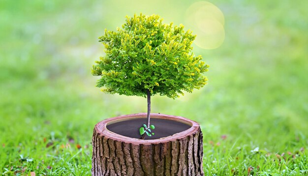 Фото Обновление жизни молодое дерево, вырастающее из старого пня символ восстановления и устойчивости