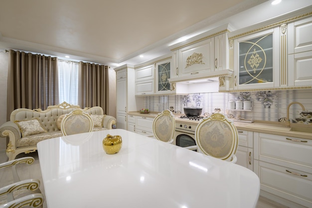 Renovated Interior of rich classic white kitchen