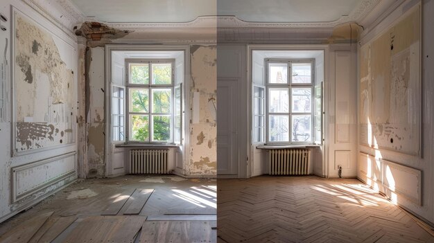 Photo renovated rooms with spacious windows and heating systems both before and after the restoration process examination of the differences between an old apartment and a newly renovated residence