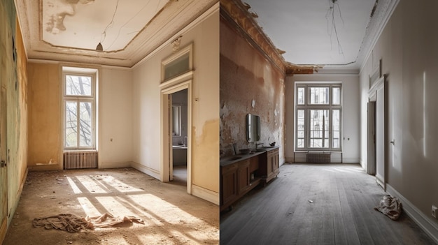 Renovatieconcept appartement voor en na restauratie of verbouwing Generatieve AI