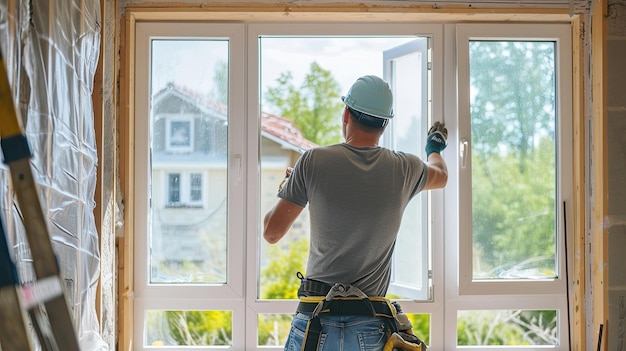 Renovatieploeg installeren energie-efficiënt Groen gebouw milieuvriendelijke installatie duurzaamheid huisverbetering geschoolde arbeid aannemer gegenereerd door AI