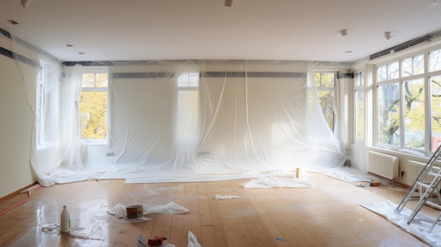 Renovatievoorbereidende kamer bedekt met plastic plaat