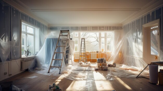 Renovatievoorbereidende kamer bedekt met plastic plaat