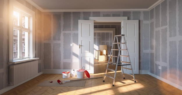 Renovation and modernization with drywall plaster in a walk-through room with ladder and paint bucket