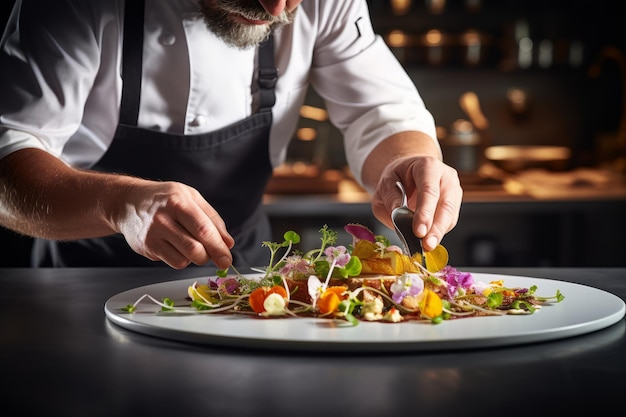 A renowned chef meticulously plating a haute cuisine dish Created with generative AI technology