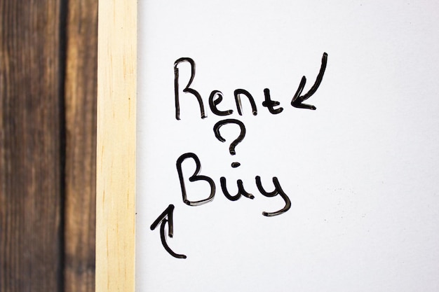 RENT BAY choice Arrows near the words RENT and BAY The concept of choosing to rent or buy