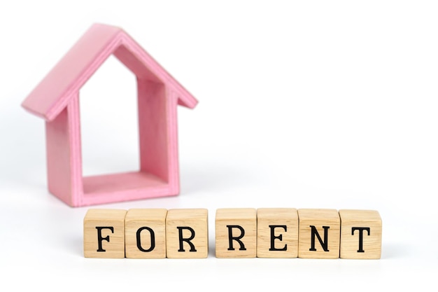 For Rent property Concept Buy Rent word is written on wood block and model house on white backgroun