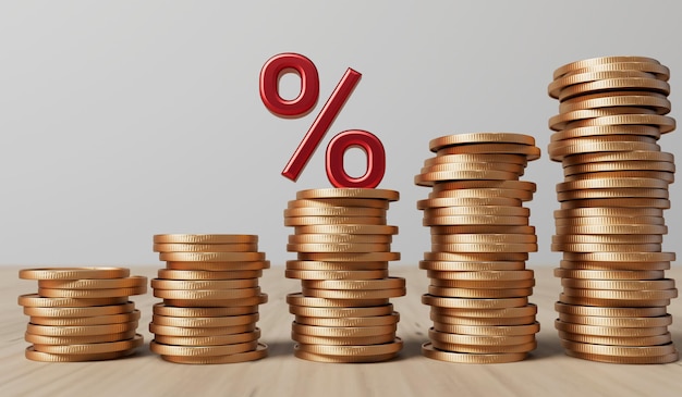 Rente en stijgende inflatie concept Rood percentagesymbool met een stapel munten 3D Rendering