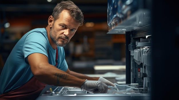 Photo repair of dishwashers repairman repairing dishwasher in kitchen