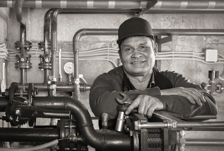 Repair engineer for heating system equipment in the basement of a building portrait Plumbing main