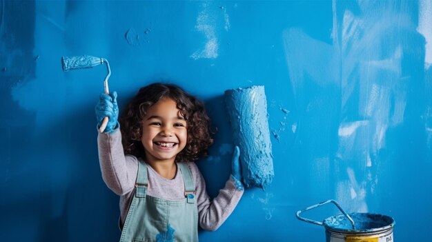 사진 아파트에서 수리 행복한 아이 소녀는 파란색 페인트로 벽을 칠