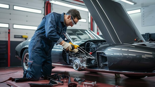 Repair man making car service