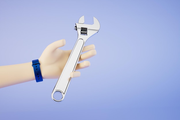 Фото Инструменты для ремонта, рука, в которой находится разводной ключ на синем фоне, копирует и вставляет 3d визуализацию