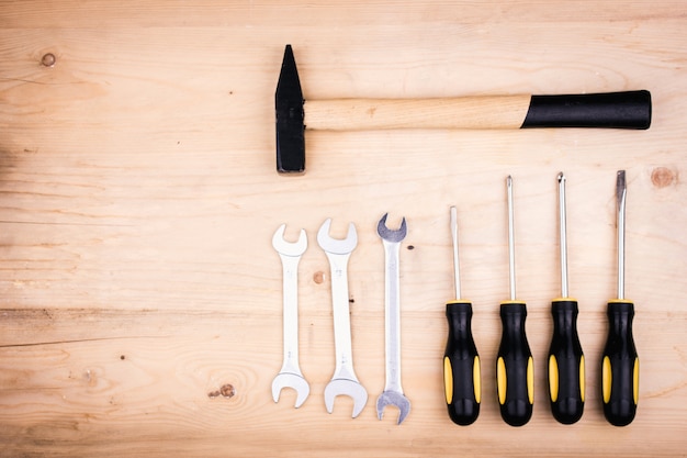 Repair tools - hammer, screwdrivers, adjustable wrenches, pliers. Male concept for father's day