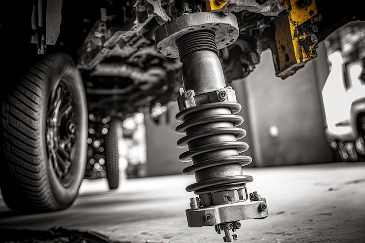 Photo repair of undercarriage of vehicle car shock absorber in garage