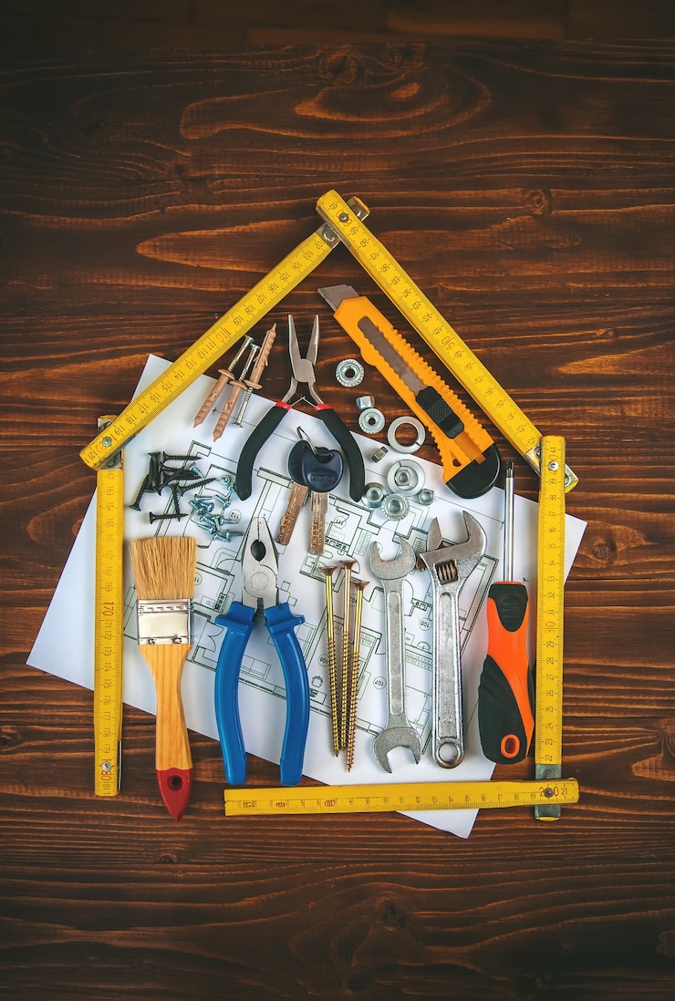 Photo repair work of a house with tools. selective focus. plan