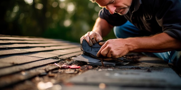 repairing damaged shingles and sealing roof leaks emphasizing the importance of a sound roof in home renovation Generative AI