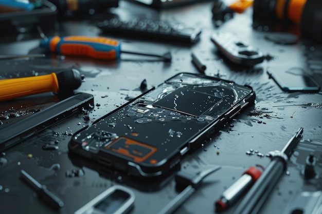 Фото repairing smartphone on black table at service center